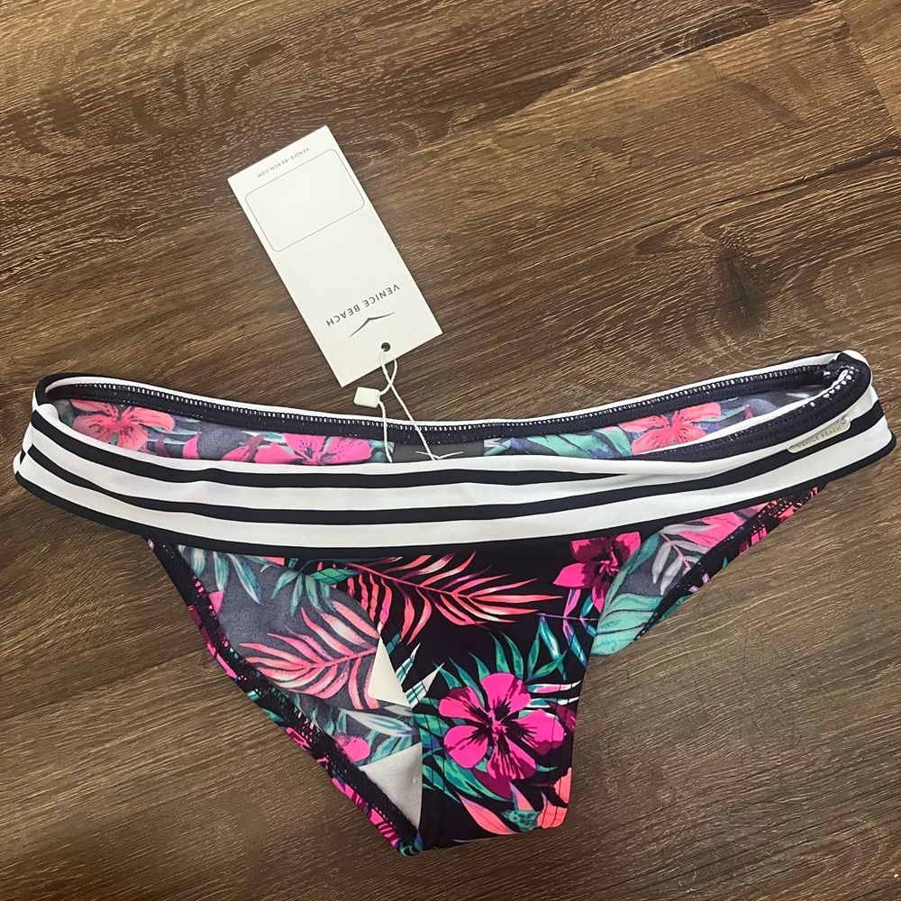 Pink and Green Floral Bikini with Striped Waistband